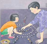 illustration of child and mother making patterns with stones