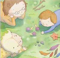 illustration of children playing with snails and stones