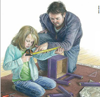 illustration of father helping daughter measure a piece of wood