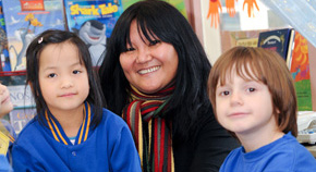 Two young students with their teacher.