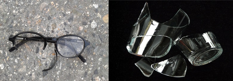 Pictures of two possible interpretations of ‘the glasses fell to the floor and broke’. One image shows a pair of shattered spectacles. The second image shows two broken glass tumblers. For the sentence ‘The woman made the toast’, two images are shown. One is cooked bread coming out of a toaster, the second is a woman raising a glass to make a speech