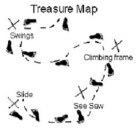 Map labelled ?Treasure Map? shows footsteps leading