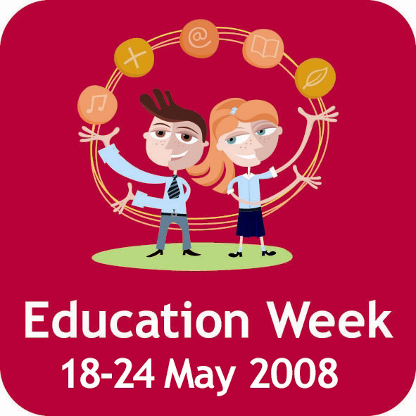 Education Week 07 logo: 2 cartoon students juggling on red background