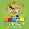 Education Week 07 logo: 2 cartoon students juggling on red background