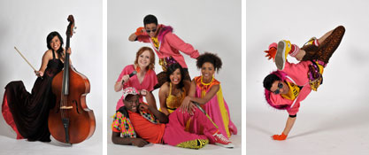 Girl playing cello, entire cast on stage, and two cast members