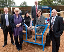 kinglake childcare centre photograph Peter Syme, Project Manager, Investa; The Hon Maxine Morand MP, Minister for Children and Early Childhood Development; Sara Sommers, Coordinator Kinglake Early Learning Centre; Cr Peter Beales, Murrindindi Shire; Katie Barton-Harvey, General Manager –Marketing, Investa; Paul O'Brian, General Manager-Victoria, Investa