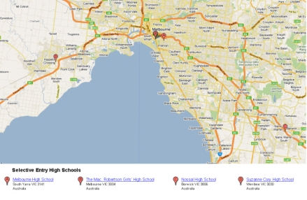 melbourne map showing where the four selective entry high schools are located