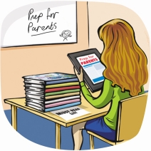 cartoon of mother reading Prep for Parents on a tablet
