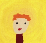 cartoon drawing of young child with red hair and yellow background