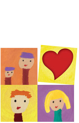Box of 4 squares each with paintings - a girl, a boy, two people & a red heart