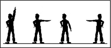 Four people pointing in four directions.