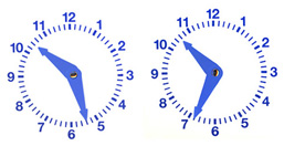 Analogue clocks at 10:27 and 10:34
