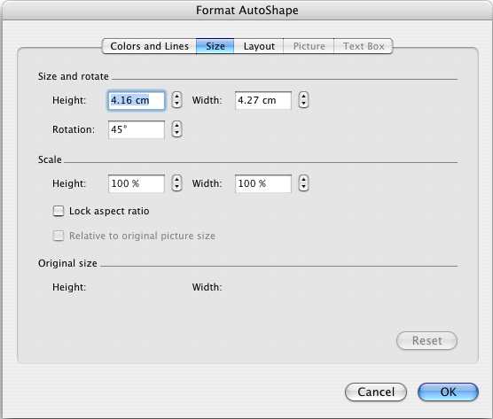 MS Word screendump: Format Autoshape menu options
