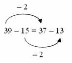 Equation: 39 - 15 = 37 - 13, indicating that 39 is 2 less than 37, and 15 is 2 more than 13