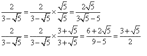 Examples of rationalising surd expressions.