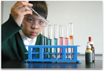 Student adding universal indicator to various solutions to rack of 6 test tubes
