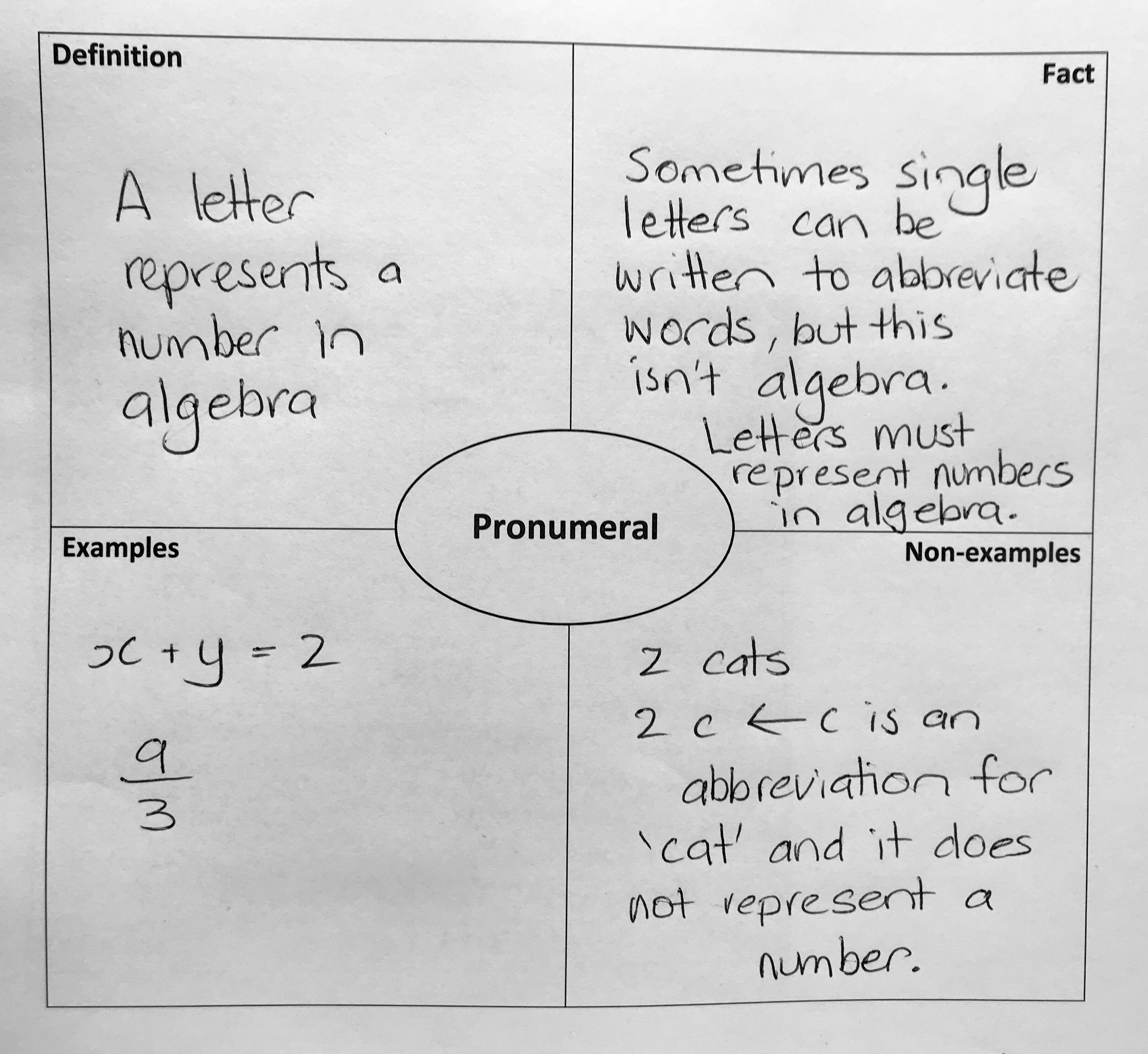 Frayer model being used to explore pronumerals