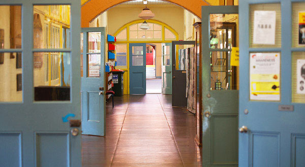 an empty school hallway