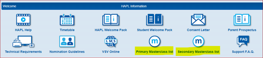 webpage with HAPL Information links Primary Masterclass list and Secondary Masterclass list is selected.