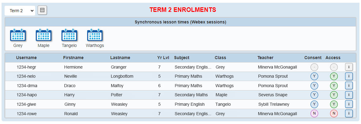 portal image term 2 enrolments shows username, first name, last name, year level, subject, class, teacher.