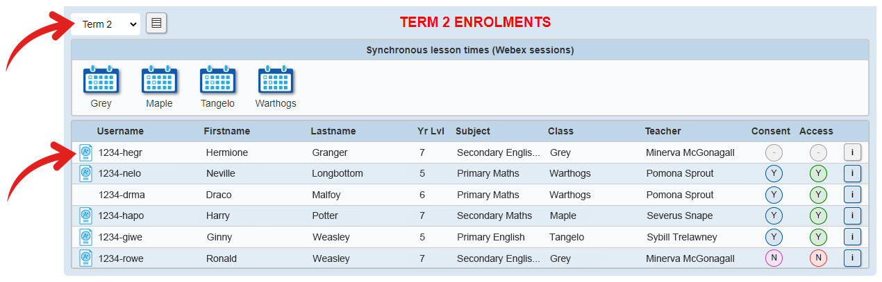 Portal image of arrow pointing term 2 enrolments and another arrow pointing to Username