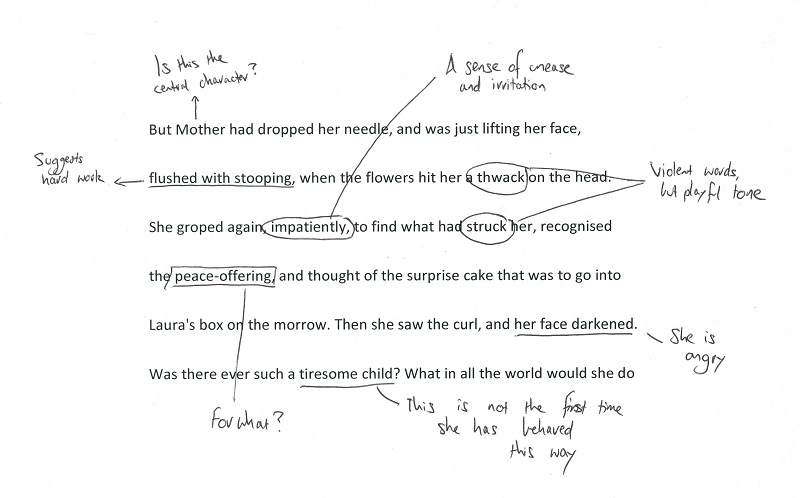 A work sample of a year 10 student who has annotated a paragraph from The Getting of Wisdom by Henry Handel Richardson (1910).