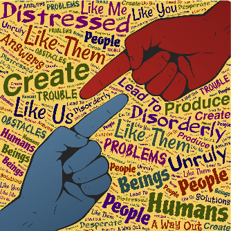 A graphic image of a red and a blue hand pointing at each other. Words surrounding the hands include: stressed, like you, like me, people, problems, like them.