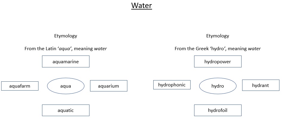 An image of a word web which supports understanding and spelling the word ‘water’. Two etymologies are provided: the Latin, aqua, and the Greek, hydro