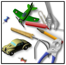 This image shows a number of children?s toys and house tools.