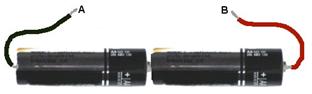 Two batteries connected in series one after the other
