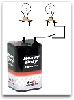 Simple electrical circuit containing a battery, bulbs & switch