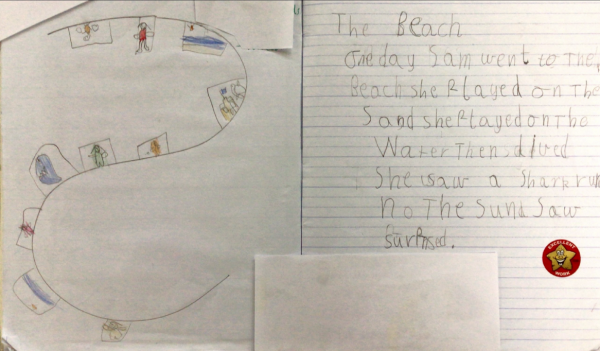 A student’s work in own handwriting, with illustrations to match writing.