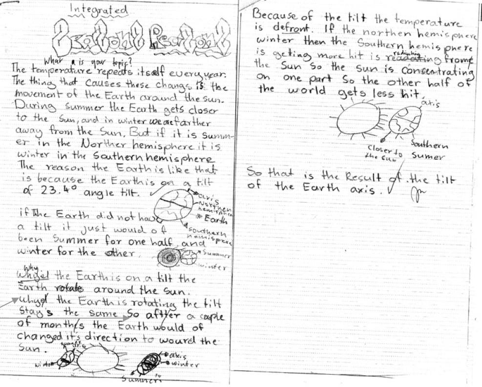 Student’s work in own handwriting, with illustration to match writing.