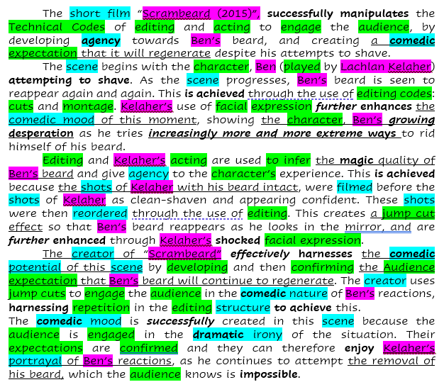 student example deconstructed and highlighted according