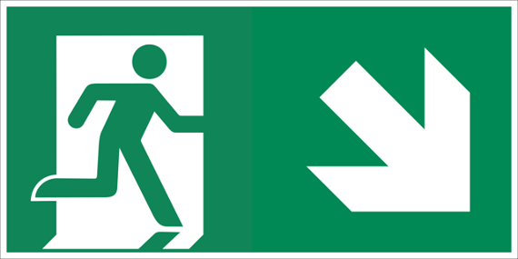 A composite emergency exit sign comprised of International Standards Organisation emergency exit symbol E002 and E006. On the left-hand side, it shows a human figure moving to the right through a door. On the right-hand side, there is a white arrow pointing to 135 degrees.