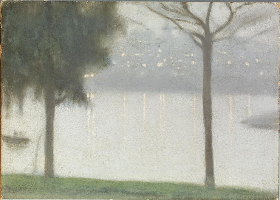Painting by Clarice Beckett entitled Across the Yarra (c. 1931). Oil on cardboard, 32.5 × 45.9 cm.