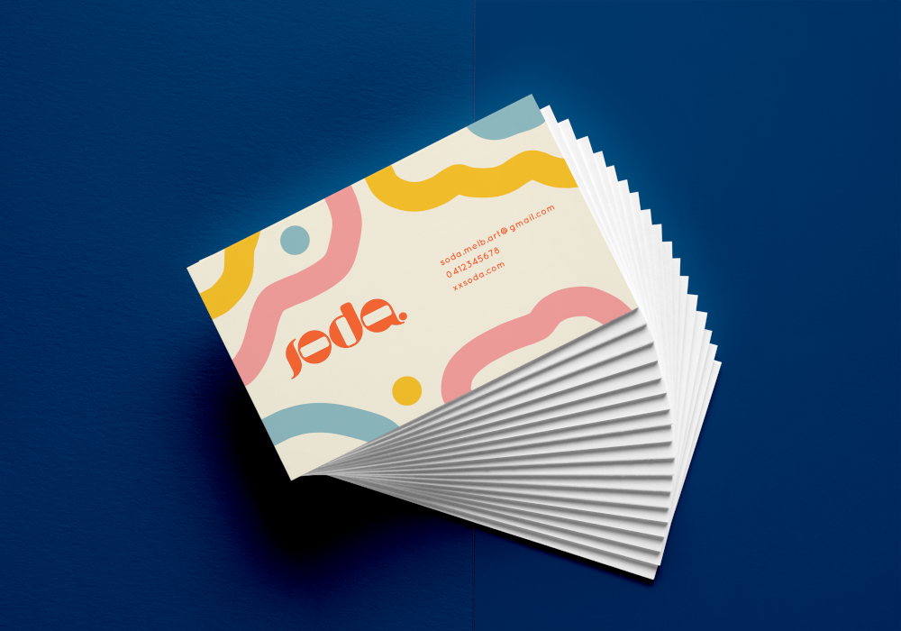 business card for soda, an online artworks store.