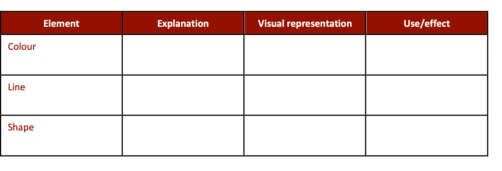 An empty table that lists three design elements: colour, line, and shape. For each principle, students must write an explanation of the term, create a visual representation of it, and describe its use and/or effect in a designed communication. 