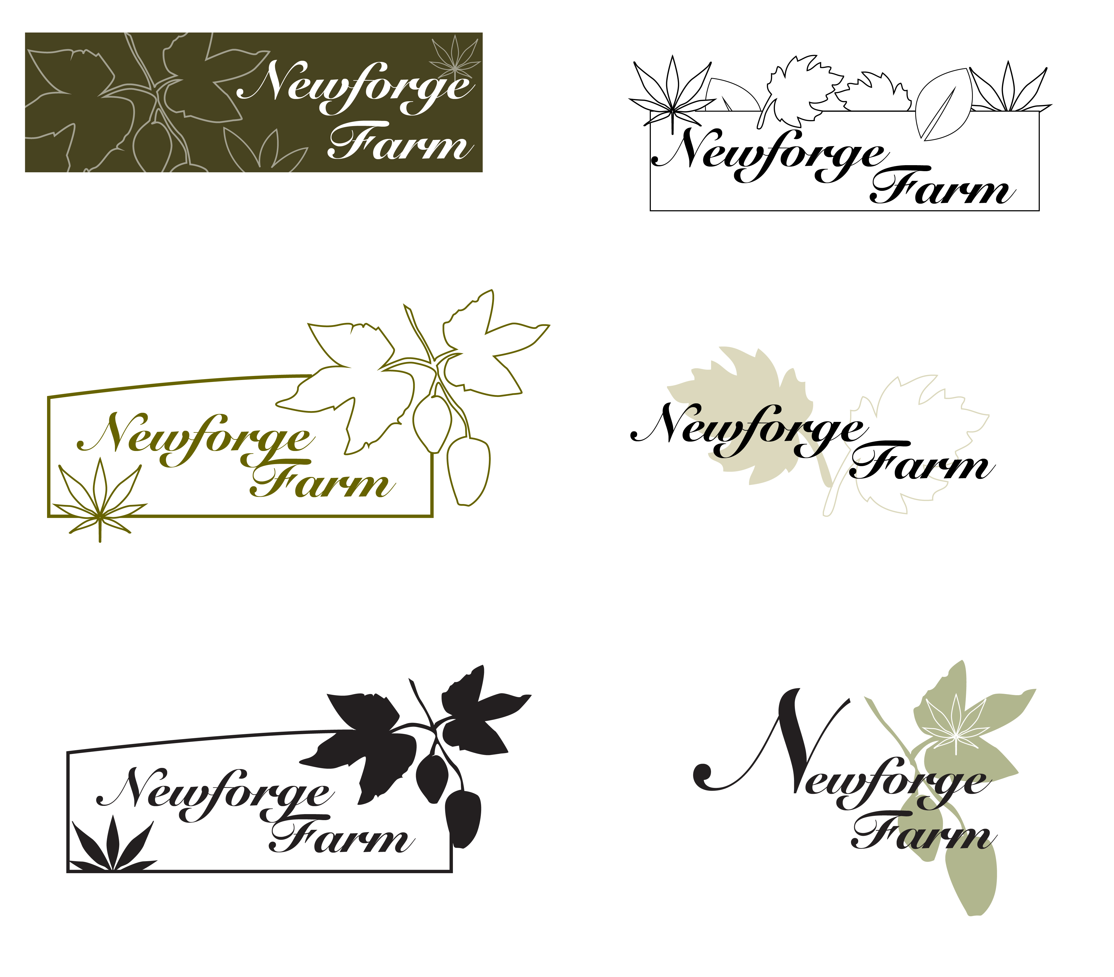 six different logos for the restaurant, Newforge farm. Each comprises the words “newforge farm” in the same cursive script font. They also all feature stylised images of leaves in different orientations and colours. The various colour schemes are khaki and white; black and white; or khaki, black and white.>