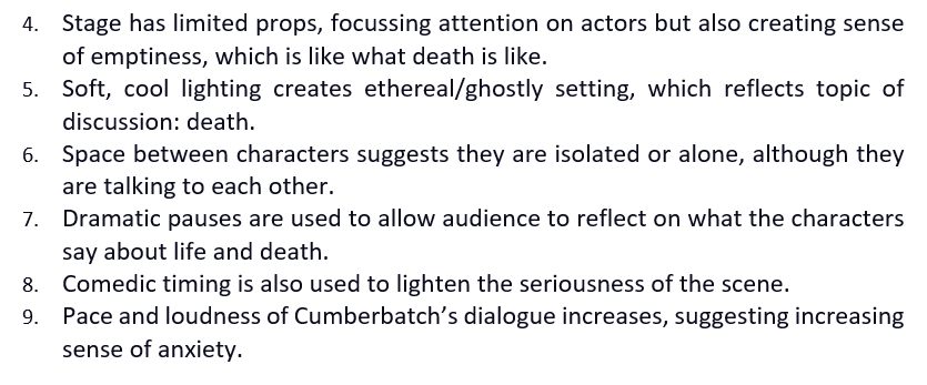 Notes were generated by the class after viewing a recording of Benedict Cumberbatch’s performance of Rosencratz in Tom Stoppard Play