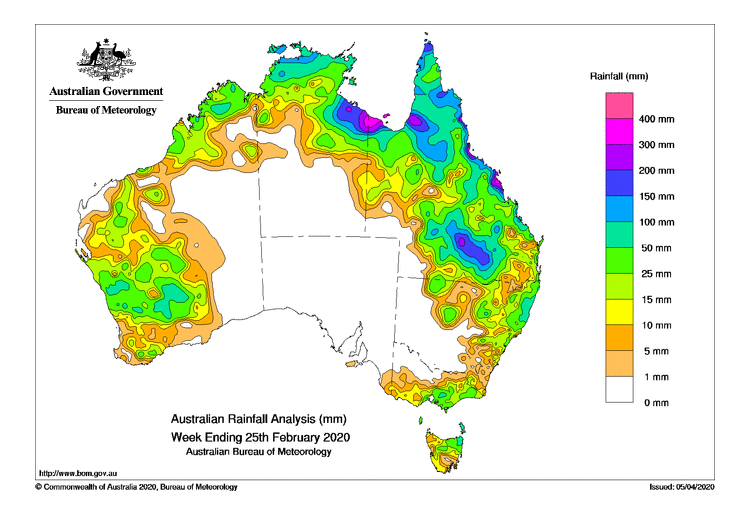 alt text: An Australian Rainfall Analysis (mm) map for the week ending 25th February 2020. The map is from the Australian Bureau of Meteorology.