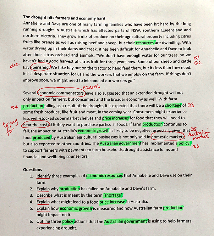 In this example, the question verbs have been underlined (e.g. identify, explain), economic terms have been highlighted in the questions and preceding text (e.g., shortage, price increase), question numbers have been written in the preceding text to indicate where answers to questions might be found