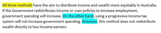 (begin yellow highlighting) All three methods (end yellow highlighting) have the aim to distribute income and wealth more equitably in Australia. If the Government redistributes income or uses policies to increase employment, government spending will increase. (begin blue highlighting) On the other hand (end blue highlighting), using a progressive income tax system will not increase government spending. (begin blue highlighting) However (end blue highlighting), this method does not redistribute wealth directly to low-income earners.