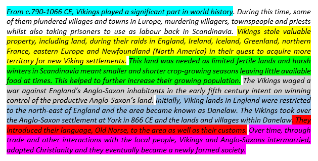 Example of chunking in a Year 7 or 8 class learning about Vikings. There are 8 sections coloured and chunked.