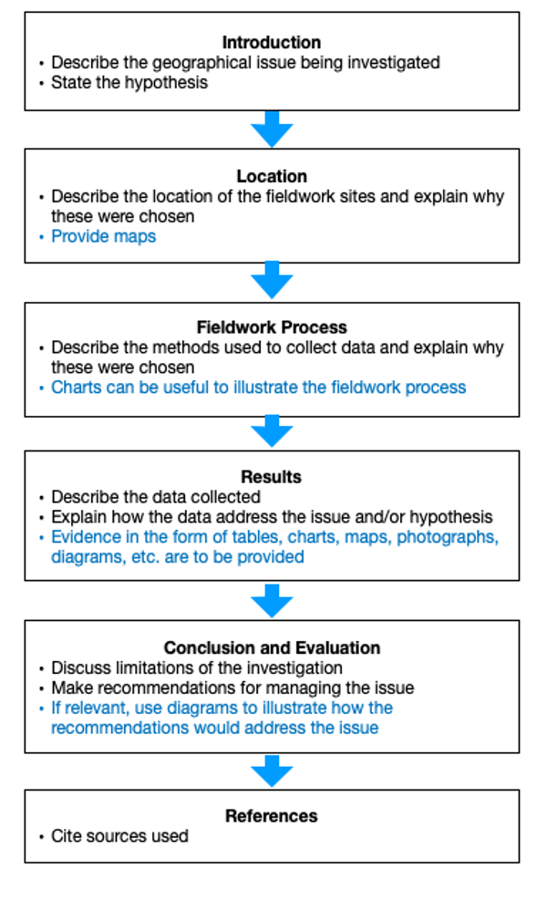 alt text: a flowchart showing the structure of the field report. The sections are Introduction, Location, Fieldwork Process, Results, Conclusion and Evaluation, References.