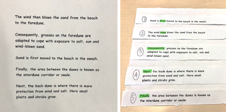 alt text: five jumbled paragraphs about erosion are listed on the left. A student has cut them out and re-ordered them on the right, numbering each and highlighting connectives that have assisted in the ordering. Connectives highlighted are first, then, consequently, next, and finally.