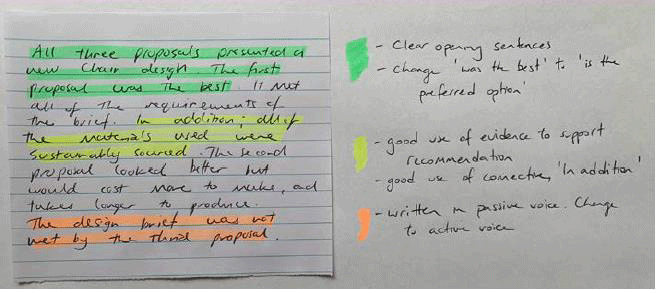 A student work sample of a concluding paragraph from an evaluative report. A second student has provided feedback based on the written evaluative report guidelines they co-constructed.