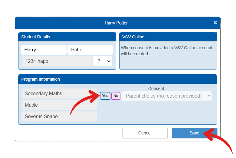 Web page with student details and under program information a arrow points to yes and save