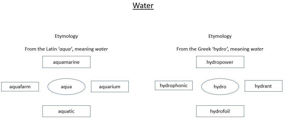 An image of a word web which supports understanding and spelling the word ‘water’. Two etymologies are provided: the Latin, aqua, and the Greek, hydro