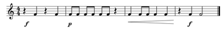a 4-bar composition. Rhythm and dynamics are shown